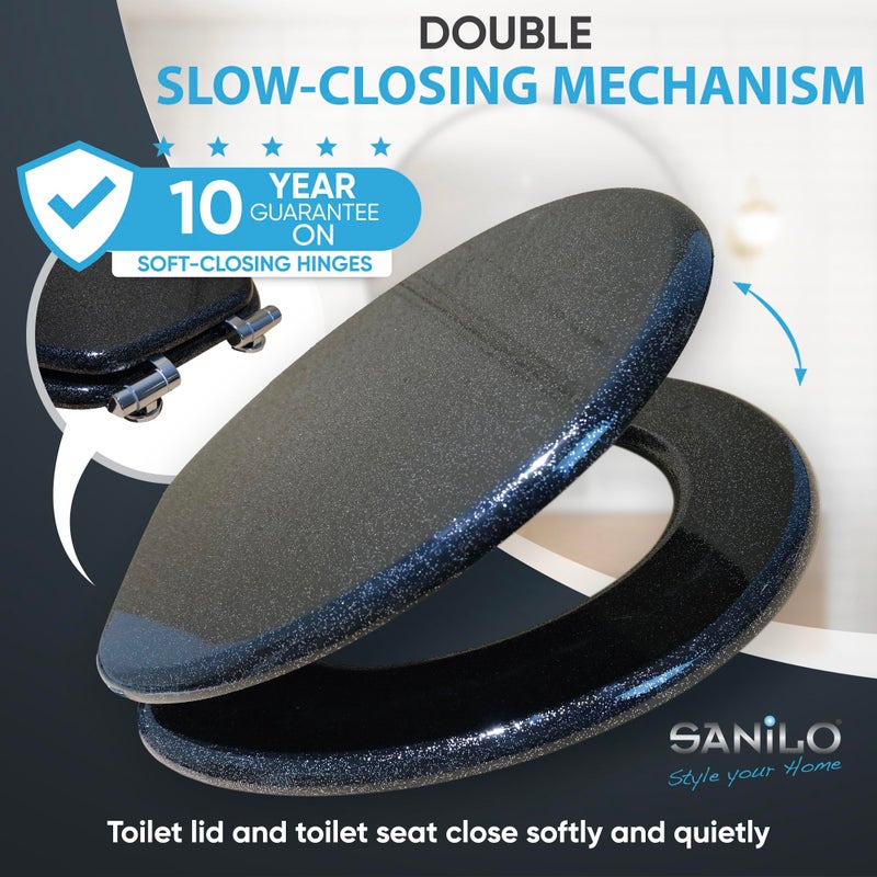 SANILO Wooden Toilet Seat with Soft Close [ROUND] - Decorative, Quiet & Slow Close Molded Wood Seat - With Strong Bumpers & Hinges - Adjustable Fit â€“ Glittering Black - Image 3